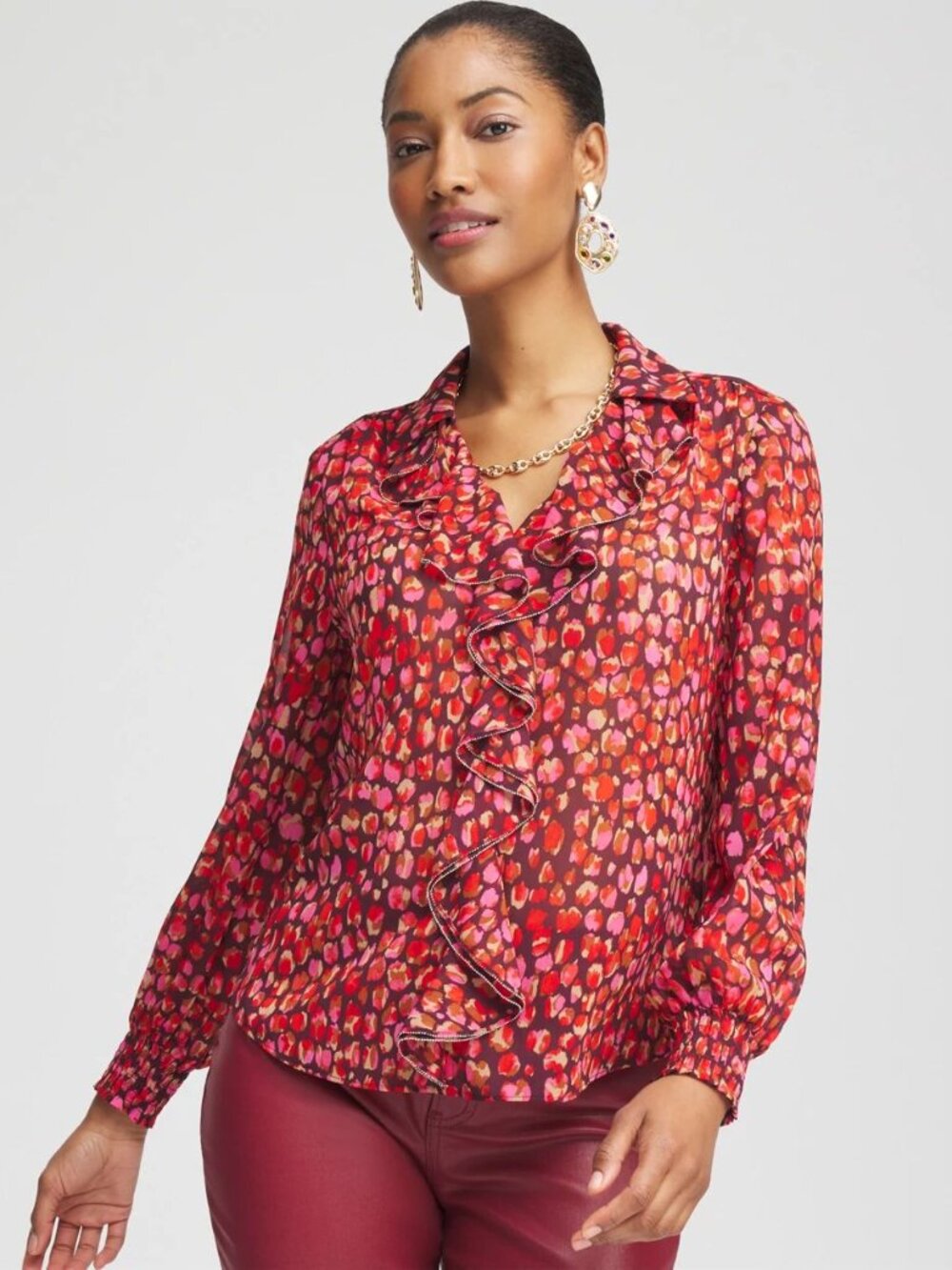NWT Chico's Womens Plus Size 20 Pink Red Chiffon Ruffle-Trim Blouse NEW